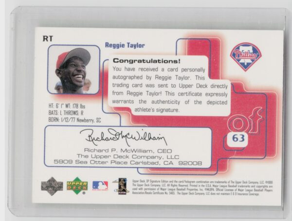 1999 SP Signature Edition Reggie Taylor Autographs Auto #RT Phillies - Image 3