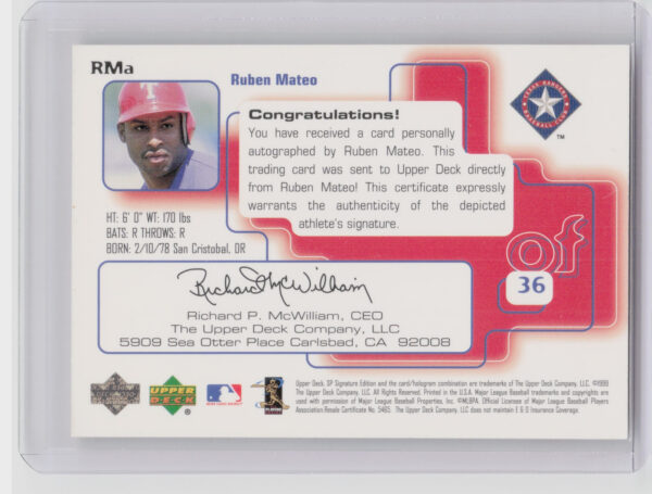 1999 SP Signature Edition Ruben Mateo AU #RMa Rangers Autographs - Image 3