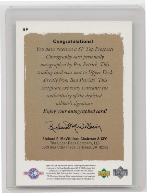 1999 SP Top Prospects Ben Petrick AU #BP Ravens Chirography - Image 3