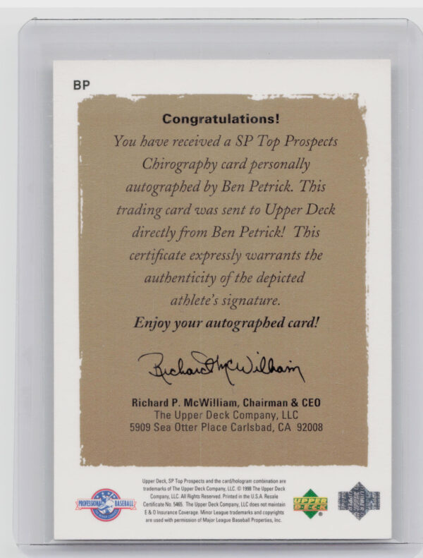1999 SP Top Prospects Ben Petrick AU #BP Ravens Chirography - Image 3