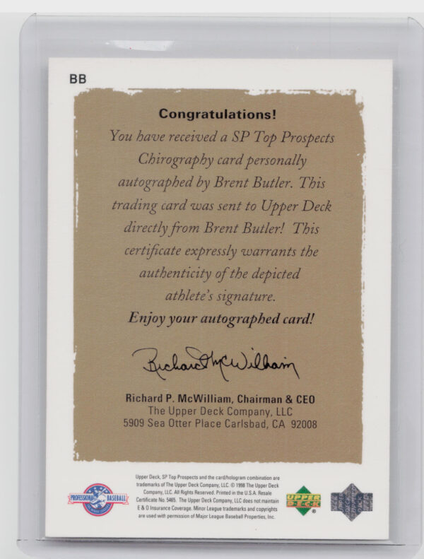 1999 SP Top Prospects Brent Butler AU #BB Cannons Chirography - Image 3