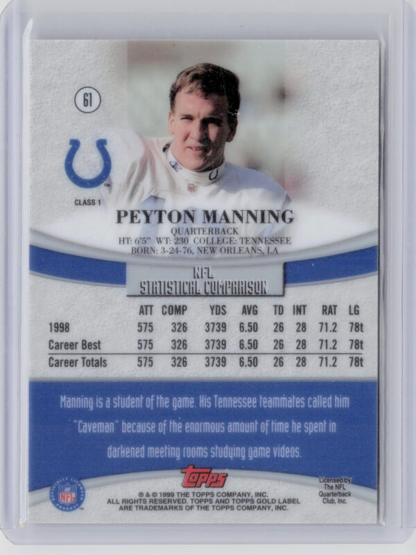 1999 Topps Gold Label Peyton Manning #61 Colts - Image 3