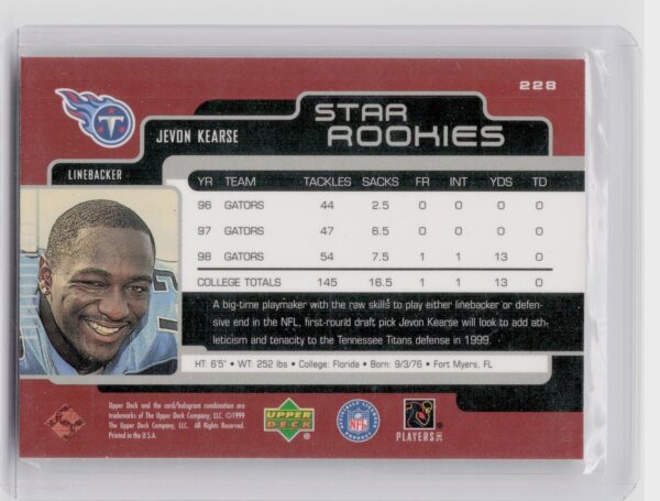 1999 Upper Deck Jevon Kearse RC #228 Titans - Image 3