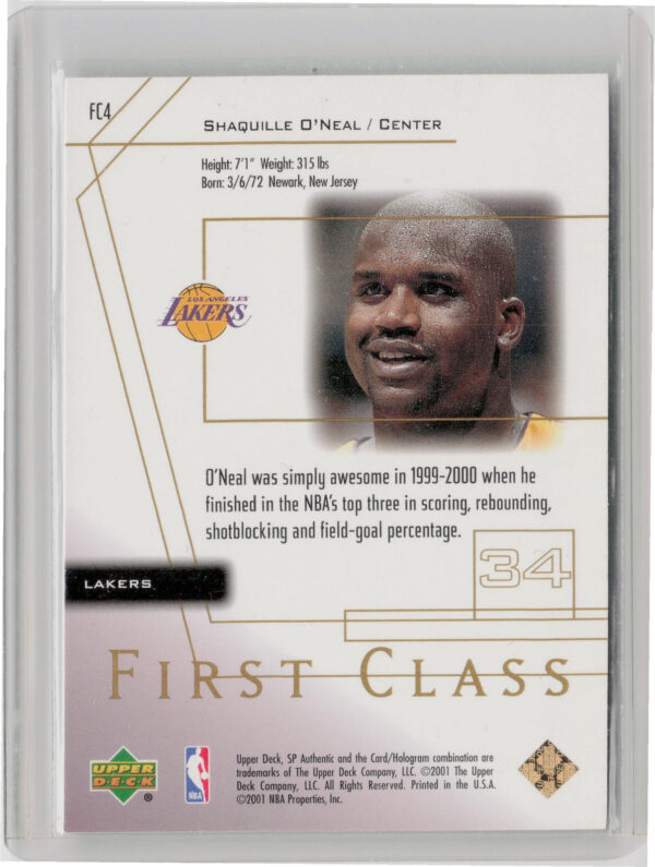 2000-01 SP Authentic Shaquille O'Neal #FC4 Lakers First Class - Image 3