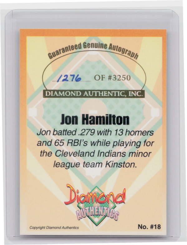 2000 Diamond Authentics Autographs Jon Hamilton AU SN3250 #18 Indians - Image 3