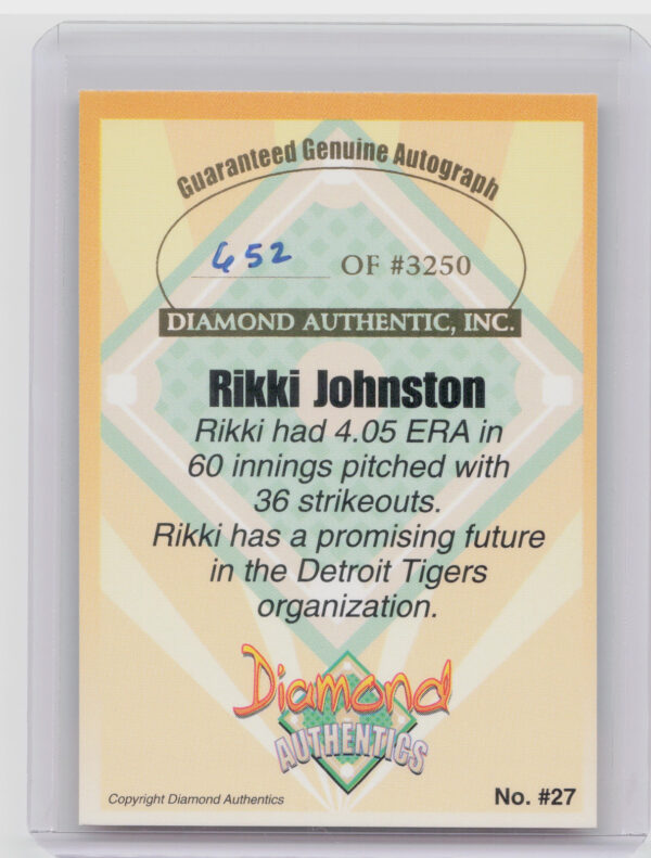 2000 Diamond Authentics Autographs Rikki Johnston AU SN3250 #27 Tigers - Image 3