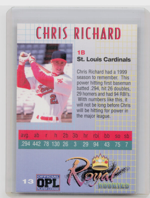2000 Royal Rookies Chris Richard AU SN4950 #13 Cardinals Autographs - Image 3