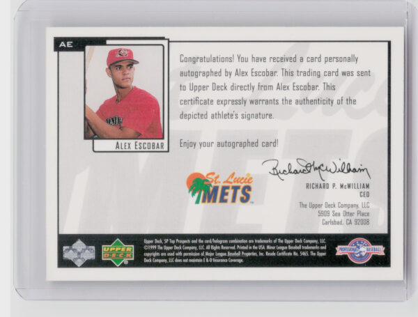 2000 SP Top Prospects Alex Escobar #AE Mets Chirography - Image 3