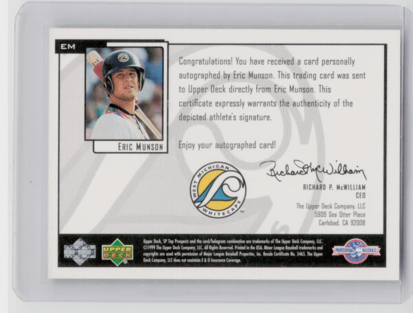 2000 SP Top Prospects Eric Munson AU #EM Whitecaps Chirography - Image 3