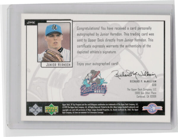 2000 SP Top Prospects Junior Herndon AU #JHE BayBears Chirography - Image 3