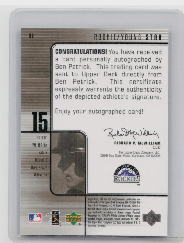 2000 SPx Ben Petrick AU SN1500 #99 Rockies - Image 3