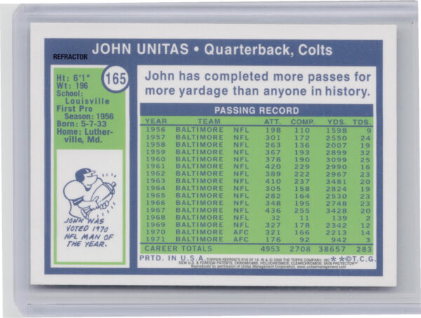 2000 Topps Chrome Johnny Unitas #R16 Colts Johnny Unitas Reprints Refractors - Image 3
