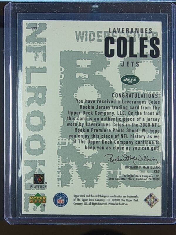 2000 UD Black Diamond Laveranues Coles RC JSY #177 Jets - Image 3