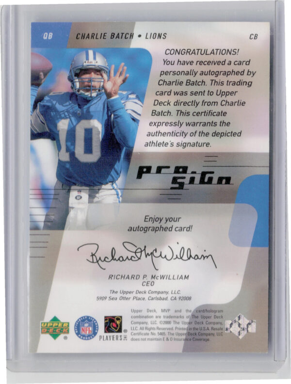 2000 Upper Deck MVP Charlie Batch AU #CB Lions ProSign - Image 3