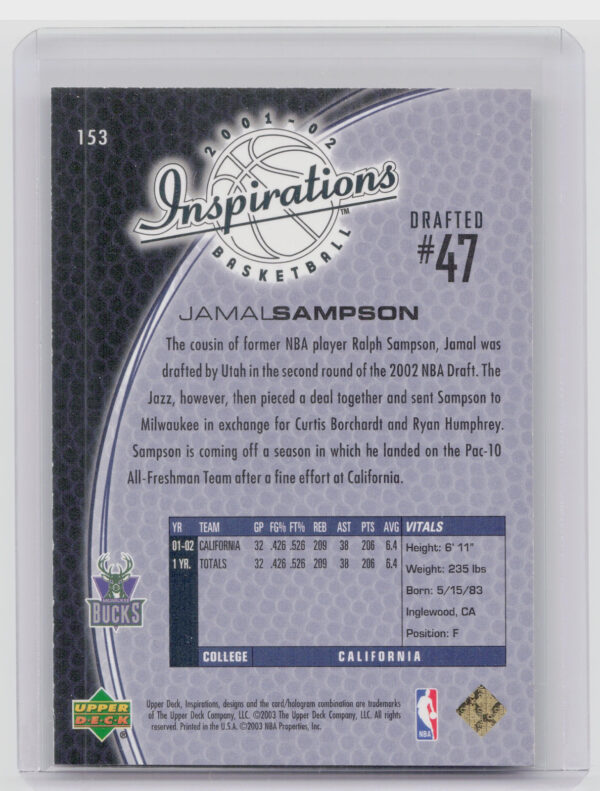2001-02 Upper Deck Inspirations Jamal Sampson SN2699 #153 Bucks - Image 3