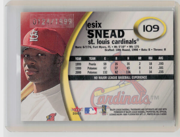 2001 Fleer E-X Esix Snead AU SN1999 #109 Cardinals Autographed Rookies/Prospects - Image 3