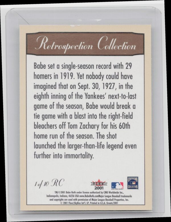 2001 Fleer Greats of the Game Babe Ruth #1 RC Yankees Retrospection Collection - Image 3