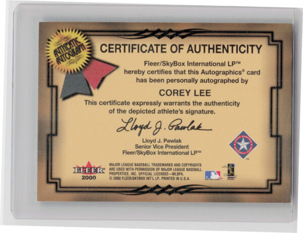 2001 Fleer Premium Corey Lee AU #NNO Rangers Autographics - Image 3