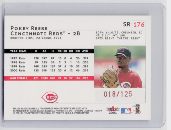 2001 Fleer Premium Pokey Reese Star Rubies /125 #176 Reds - Image 3