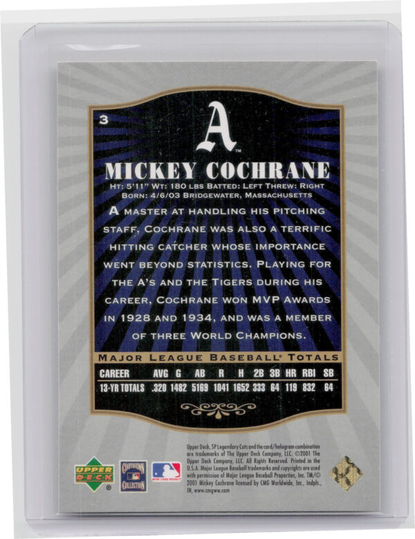 2001 SP Legendary Cuts Mickey Cochrane #3 Athletics - Image 3
