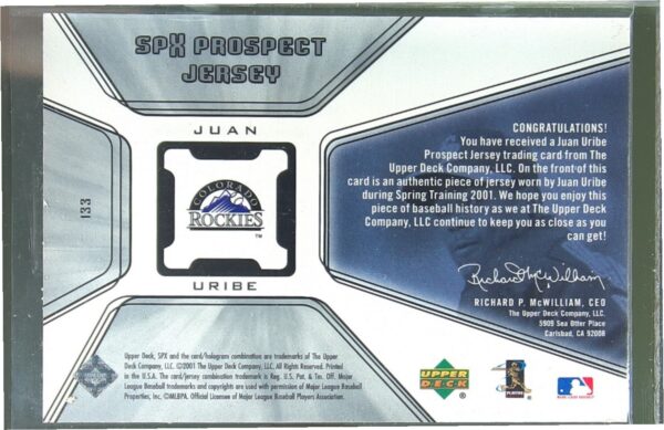 2001 SPx Juan Uribe RC JSY #133 Rockies - Image 3