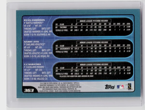 2001 Topps Ryan Anderson / Barry Zito / CC Sabathia Limited #363 Indians - Image 3