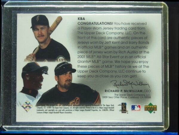 2001 Upper Deck Rookie Update Jeff Kent / Barry Bonds / Rich Aurilia #KBA Giants - Image 3