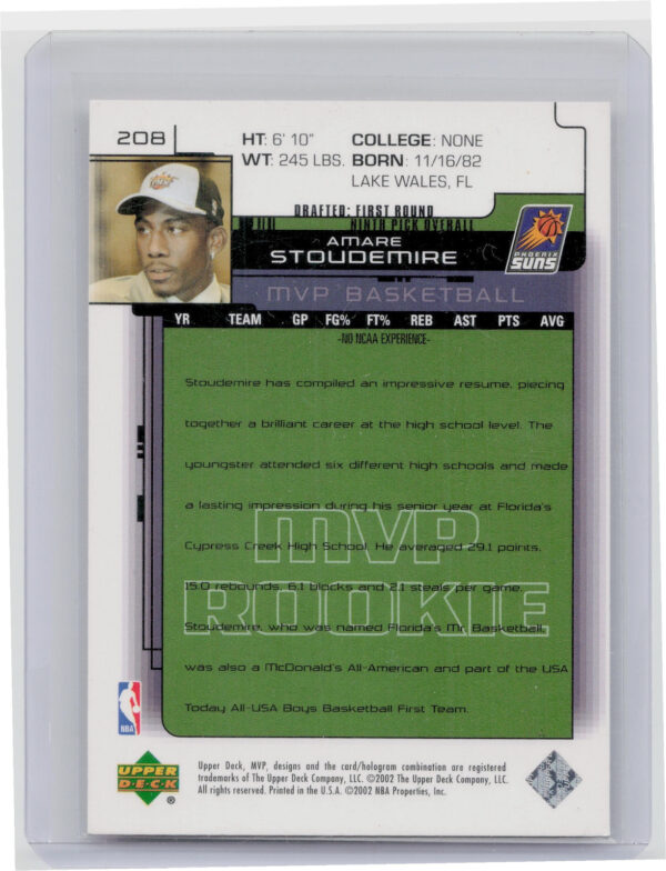 2002-03 Upper Deck MVP Amare Stoudemire Classic #208 Suns - Image 3