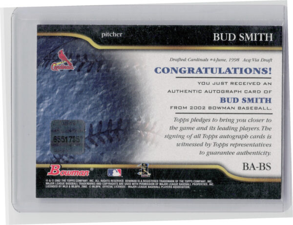 2002 Bowman Bud Smith AU #BA-BS Cardinals Autographs - Image 3