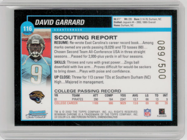 2002 Bowman Chrome David Garrard Refractors SN500 #116 Jaguars - Image 3