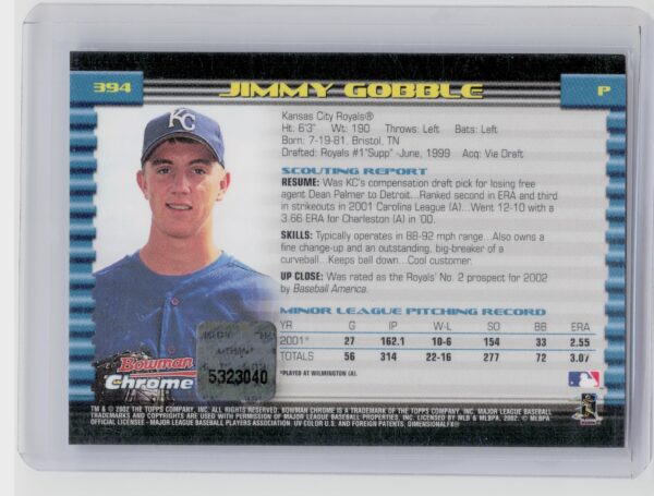 2002 Bowman Chrome Jimmy Gobble AU RC #394 Royals - Image 3