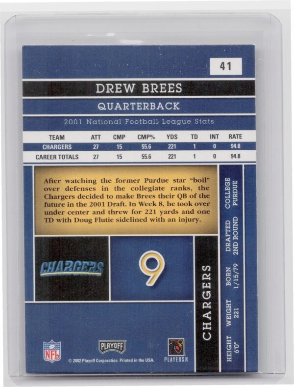 2002 Playoff Absolute Memorabilia Drew Brees #41 Chargers - Image 3