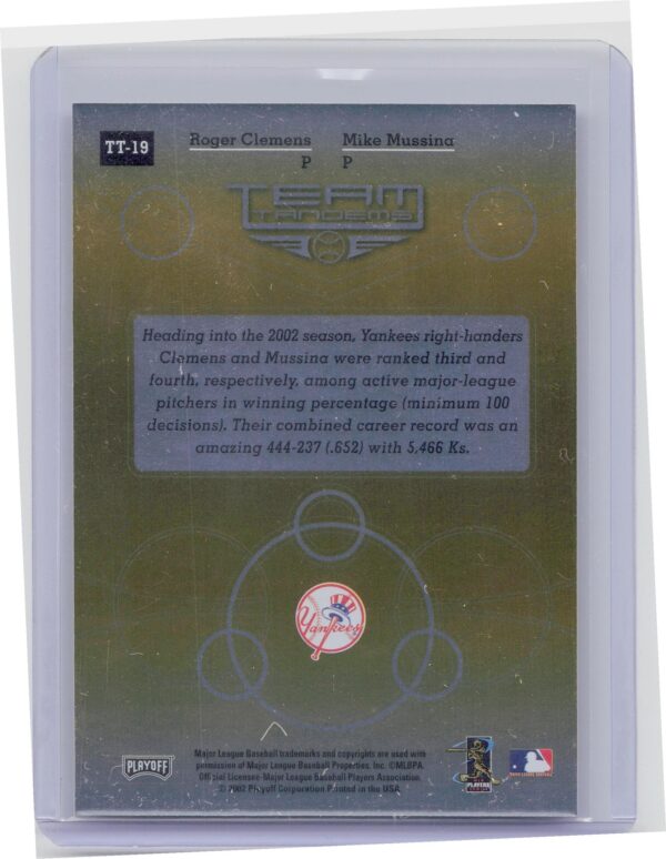 2002 Playoff Absolute Memorabilia Roger Clemens / Mike Mussina #TT-19 Yankees - Image 3
