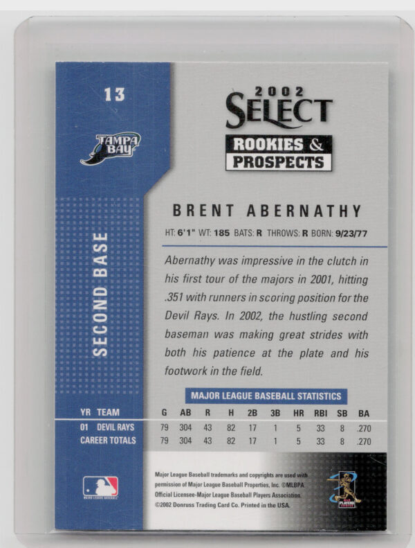 2002 Select Rookies & Prospects Brent Abernathy AU #13 Rays - Image 3