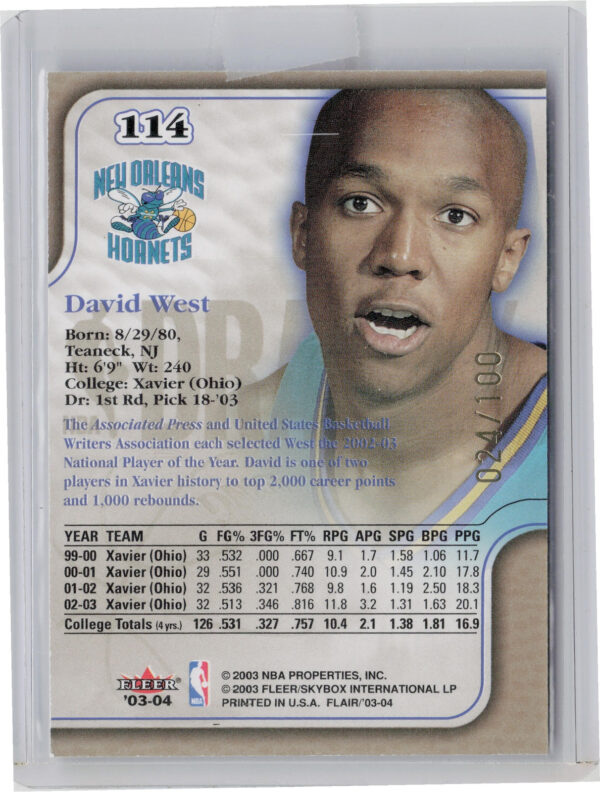 2003-04 Fleer Authentix David West Club Box SN100 #114 Hornets - Image 3