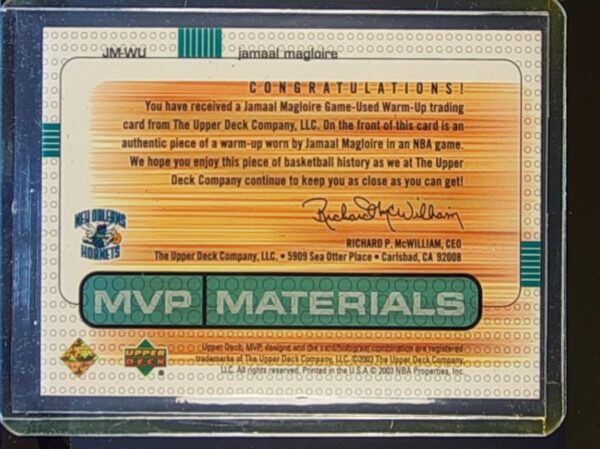 2003-04 Upper Deck MVP Jamaal Magloire JSY #JM-WU Hornets Materials Warmups - Image 3