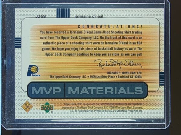 2003-04 Upper Deck MVP Jermaine O'Neal JSY #JO-SS Pacers Materials Shirts - Image 3