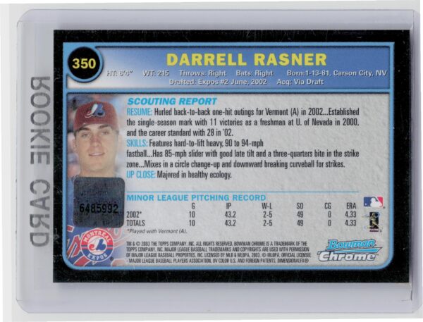 2003 Bowman Chrome Darrell Rasner AU RC #350 Expos - Image 3