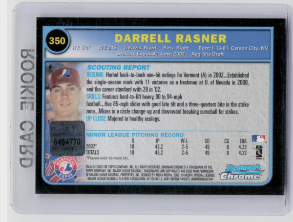 2003 Bowman Chrome Darrell Rasner AU RC #350 Expos - Image 3