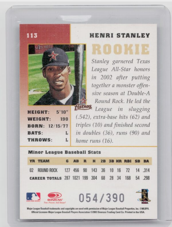 2003 Donruss Champions Henri Stanley AU SN390 #113 Astros Autographs - Image 3