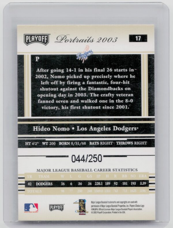 2003 Playoff Portraits Hideo Nomo Beige SN250 #17 Dodgers - Image 3