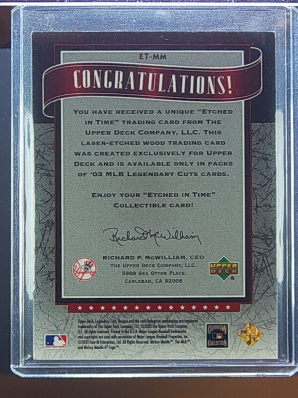 2003 SP Legendary Cuts Mickey Mantle SN400 #ET-MM Yankees Etched in Time 400 - Image 3