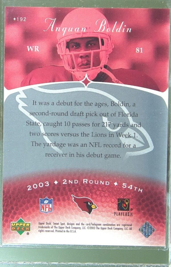 2003 UD Sweet Spot Anquan Boldin RC /300 RC #192 Cardinals - Image 3