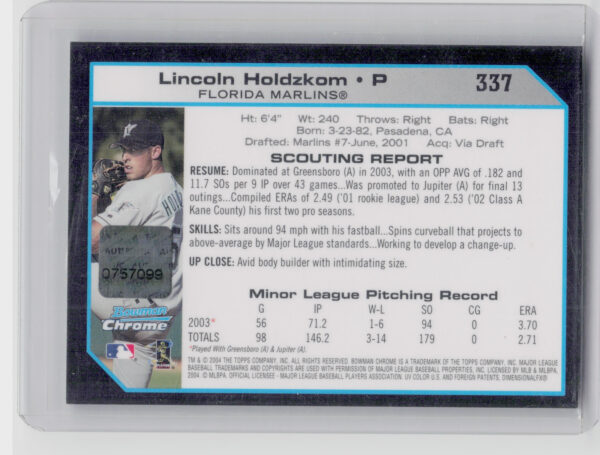 2004 Bowman Chrome Lincoln Holdzkom AU RC #337 Marlins - Image 3