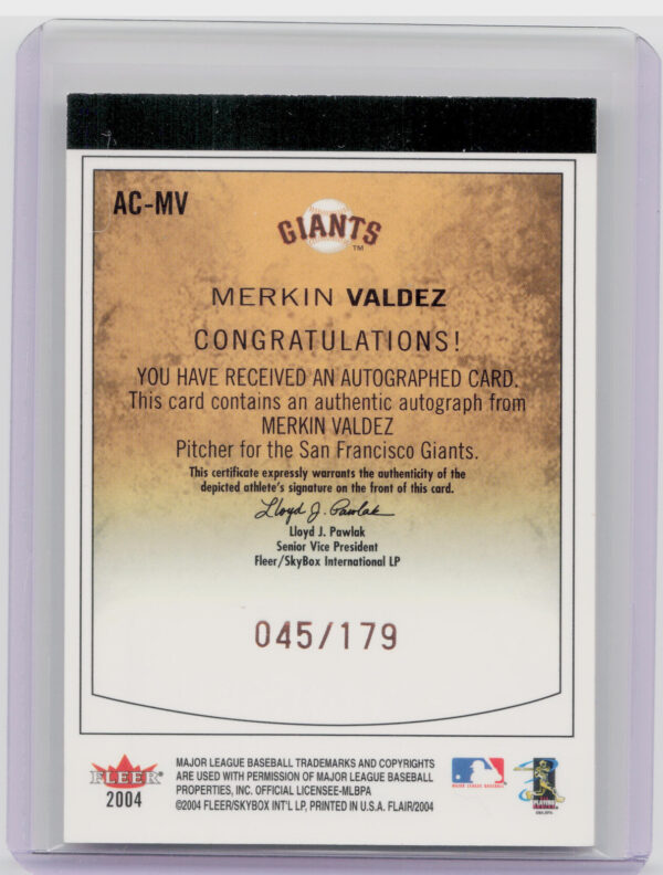 2004 Flair Merkin Valdez AU SN179 #AC-MV Giants Autograph - Image 3