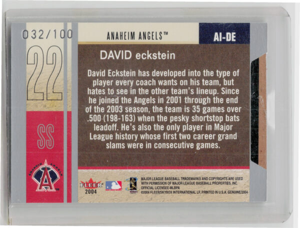 2004 Fleer Genuine Insider David Eckstein AU MEM SN100 #AI-DE Angels Autograph J - Image 3