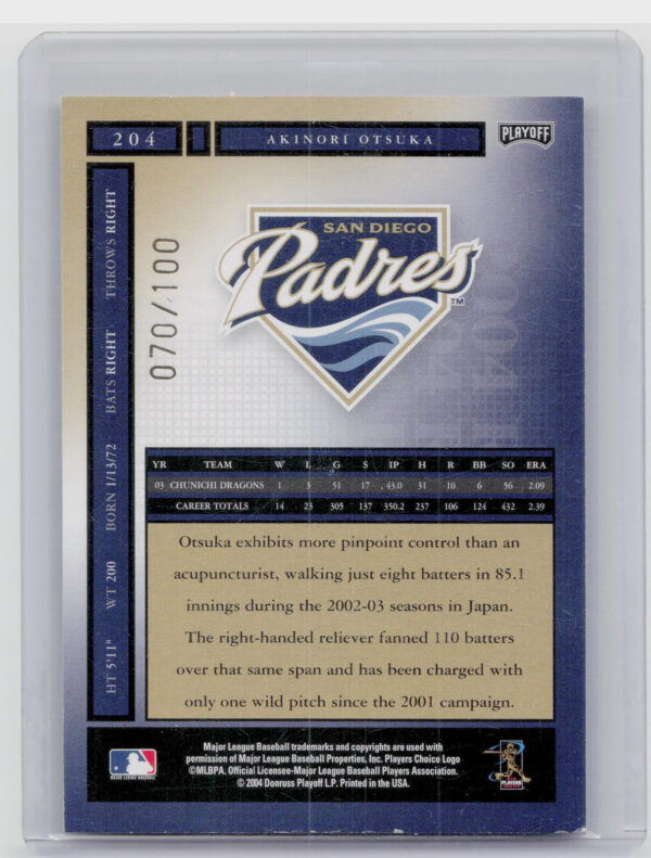 2004 Playoff Honors Akinori Otsuka AU SN100 #204 Padres Signature Bronze - Image 3