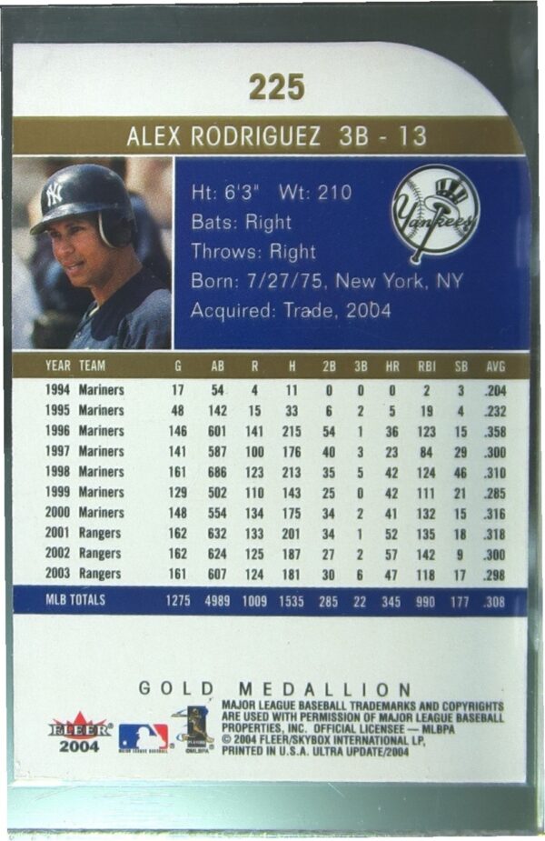 2004 Ultra Alex Rodriguez Gold Medallion #225 Yankees Die Cut - Image 3