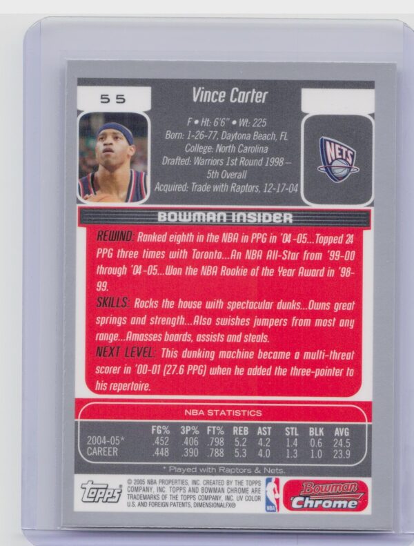 2005-06 Bowman Vince Carter Chrome #55 Nets - Image 3