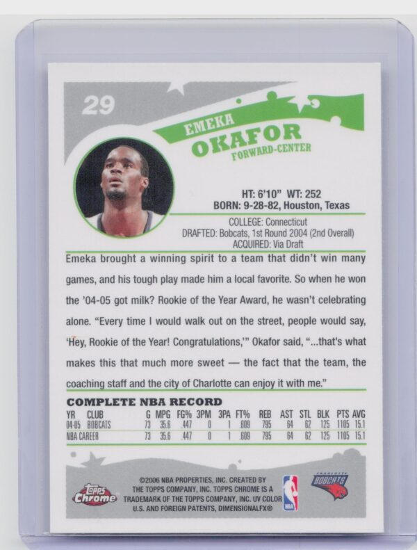2005-06 Topps Chrome Emeka Okafor #29 Bobcats - Image 3
